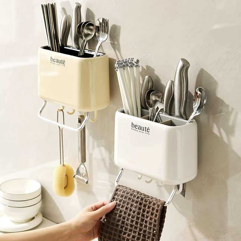 Kitchen Double Layer Drain Chopsticks Cage Household Square storage boxes Suction Cup Wall mounted Multifunction Knife fork spoon storage Holder rack
