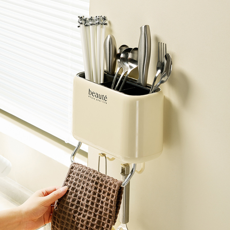 Kitchen Double Layer Drain Chopsticks Cage Household Square storage boxes Suction Cup Wall mounted Multifunction Knife fork spoon storage Holder rack
