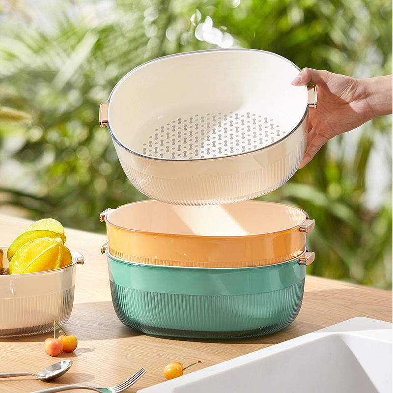 Home Use Washing fruit and vegetable drain baskets Double-Layer Fruit Storage Containers with Drainage plastic draining basket