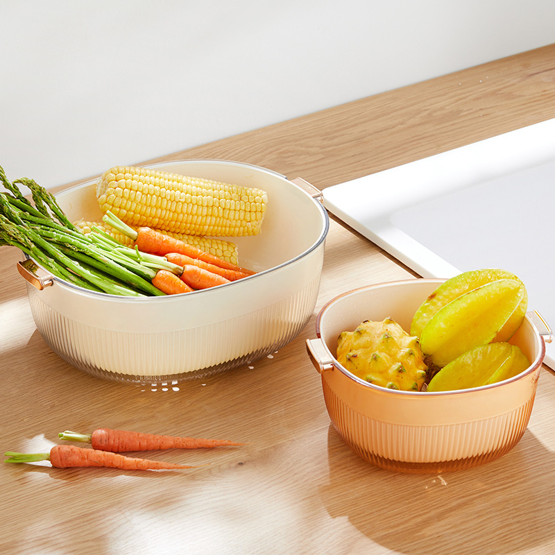 Home Use Washing fruit and vegetable drain baskets Double-Layer Fruit Storage Containers with Drainage plastic draining basket