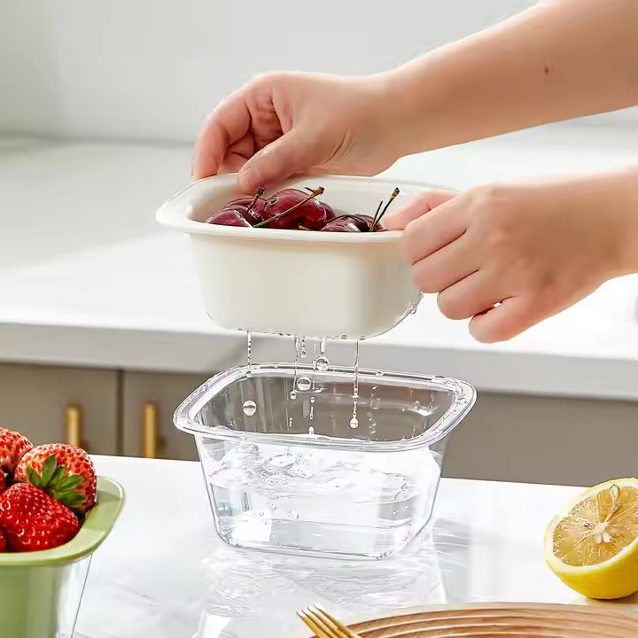 Household Double Layers Fruits And Vegetables Plastic Drain Basket Kitchen Washing Storage Bowl 2-Piece Set Fruit Vegetable Drainer