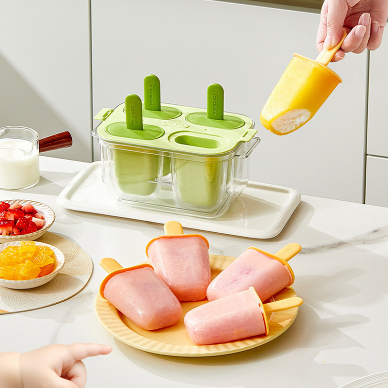 Kitchen Tools 4 Grids Cavities Summer Ice Cream Mold with Lid & Stick High Quality Handmade Dessert Popsicle Molds Reusable DIY Ice Cream Pop Tray Easy Release Summer Ice Lolly Trays