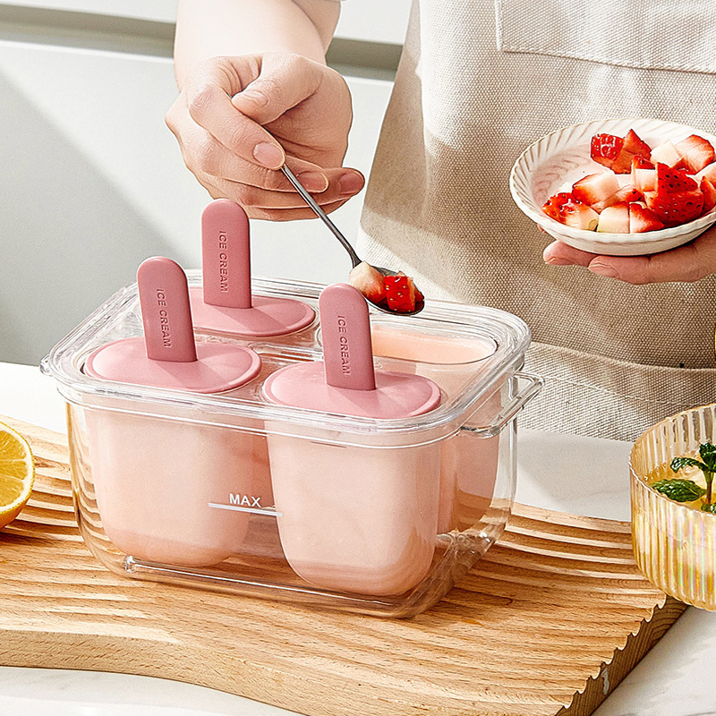 Kitchen Tools 4 Grids Cavities Summer Ice Cream Mold with Lid & Stick High Quality Handmade Dessert Popsicle Molds Reusable DIY Ice Cream Pop Tray Easy Release Summer Ice Lolly Trays
