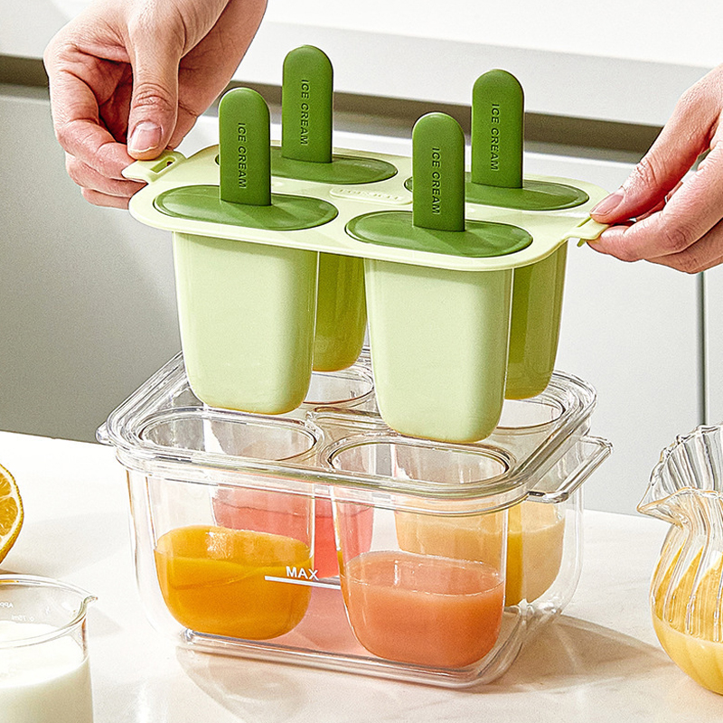 Kitchen Tools 4 Grids Cavities Summer Ice Cream Mold with Lid & Stick High Quality Handmade Dessert Popsicle Molds Reusable DIY Ice Cream Pop Tray Easy Release Summer Ice Lolly Trays