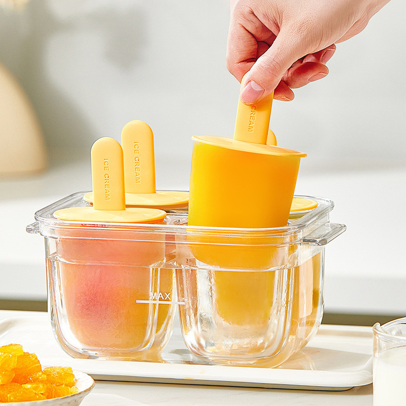 Kitchen Tools 4 Grids Cavities Summer Ice Cream Mold with Lid & Stick High Quality Handmade Dessert Popsicle Molds Reusable DIY Ice Cream Pop Tray Easy Release Summer Ice Lolly Trays
