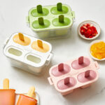 Kitchen Tools 4 Grids Cavities Summer Ice Cream Mold with Lid & Stick High Quality Handmade Dessert Popsicle Molds Reusable DIY Ice Cream Pop Tray Easy Release Summer Ice Lolly Trays