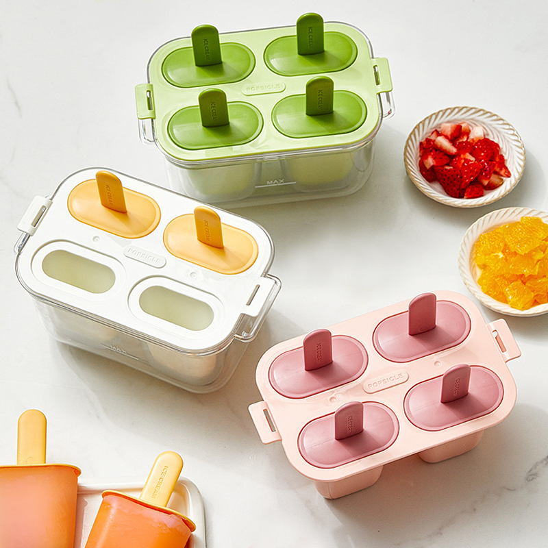 Kitchen Tools 4 Grids Cavities Summer Ice Cream Mold with Lid & Stick High Quality Handmade Dessert Popsicle Molds Reusable DIY Ice Cream Pop Tray Easy Release Summer Ice Lolly Trays
