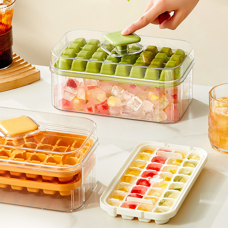 Summer DIY Drinks Whisky Ice Cube Trays with Container Large Capacity storage box Square Ice Cubes Molds Easy Release Press Ice Cold Freezer Maker