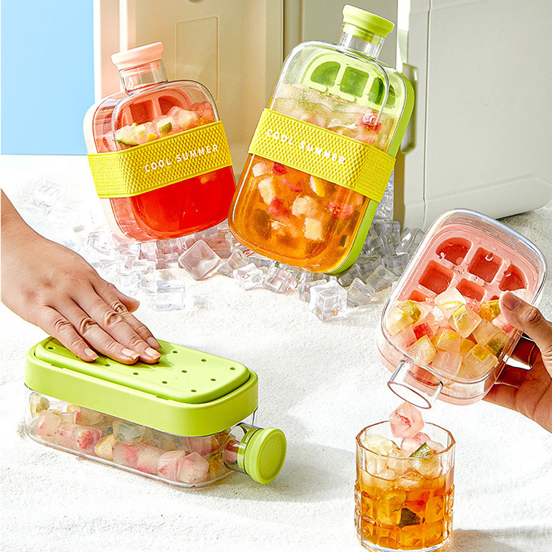 Household Reusable Square Fruit Ice Cube Maker Tray Portable Ice Juice Bottle straw Multi-functional Ice Cube Maker Mold for Freezer With Container