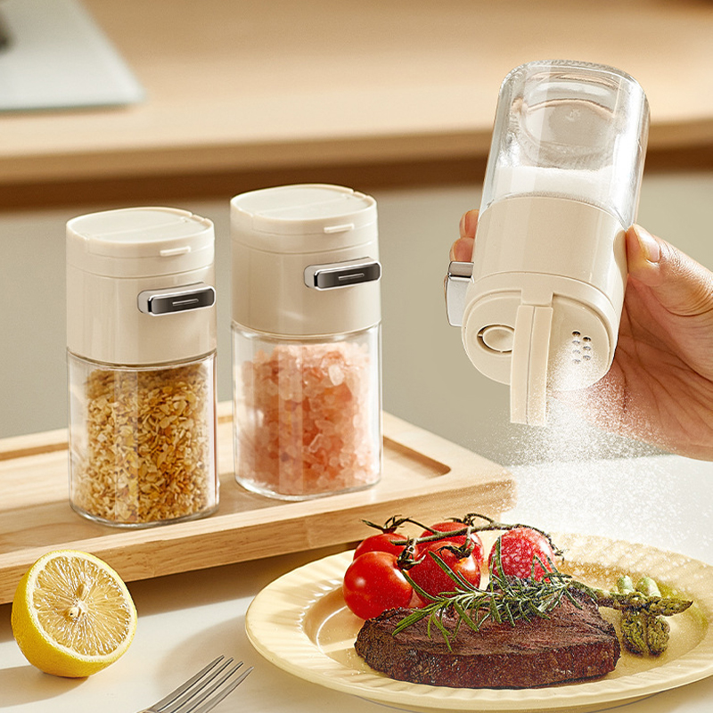 Household Glass Seasoning Storage Bottle Salt Jar Modern Design Reasonable Seasoning Package Box Kitchen Sealed 0.5g Per Press Salt Pepper Shaker Press Type Spice Bottles
