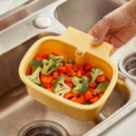 Kitchen Sink Separate Food Waste Strainer Basket with Push-Button Sink Hanging Drainage Basket Organizer for Storage Square Sink-Mount Food Scraps Catcher