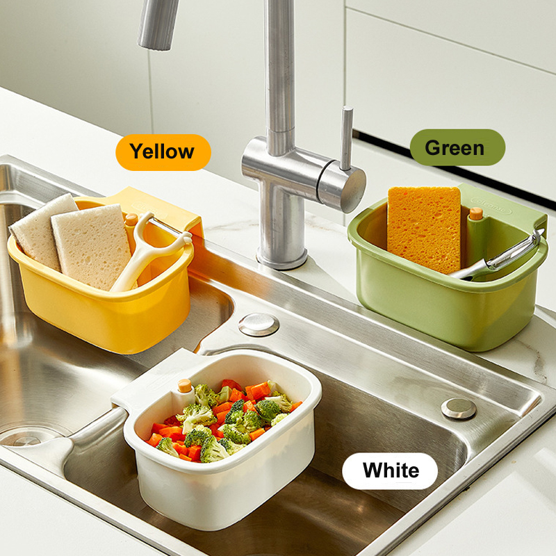 Kitchen Sink Separate Food Waste Strainer Basket with Push-Button Sink Hanging Drainage Basket Organizer for Storage Square Sink-Mount Food Scraps Catcher