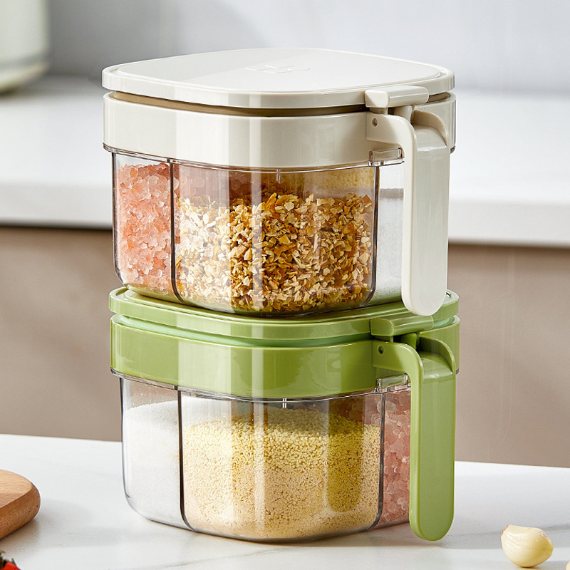 Household 4 compartment Condiment Bottle Plastic Clear Sealed Salt shaker jar spice box Salt Pepper Sugar Container Sealed Seasoning canister