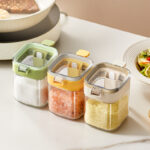 Kitchen salt & pepper shakers Glass seasoning Storage jar with  Built-In Measuring spoon 400ML glass Moisture-Proof Pepper Herbs Spice Storage Containers Cooking Seasoning jars