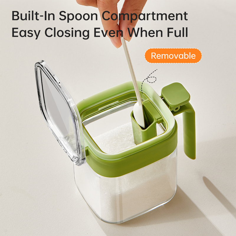 Kitchen salt & pepper shakers Glass seasoning Storage jar with  Built-In Measuring spoon 400ML glass Moisture-Proof Pepper Herbs Spice Storage Containers Cooking Seasoning jars