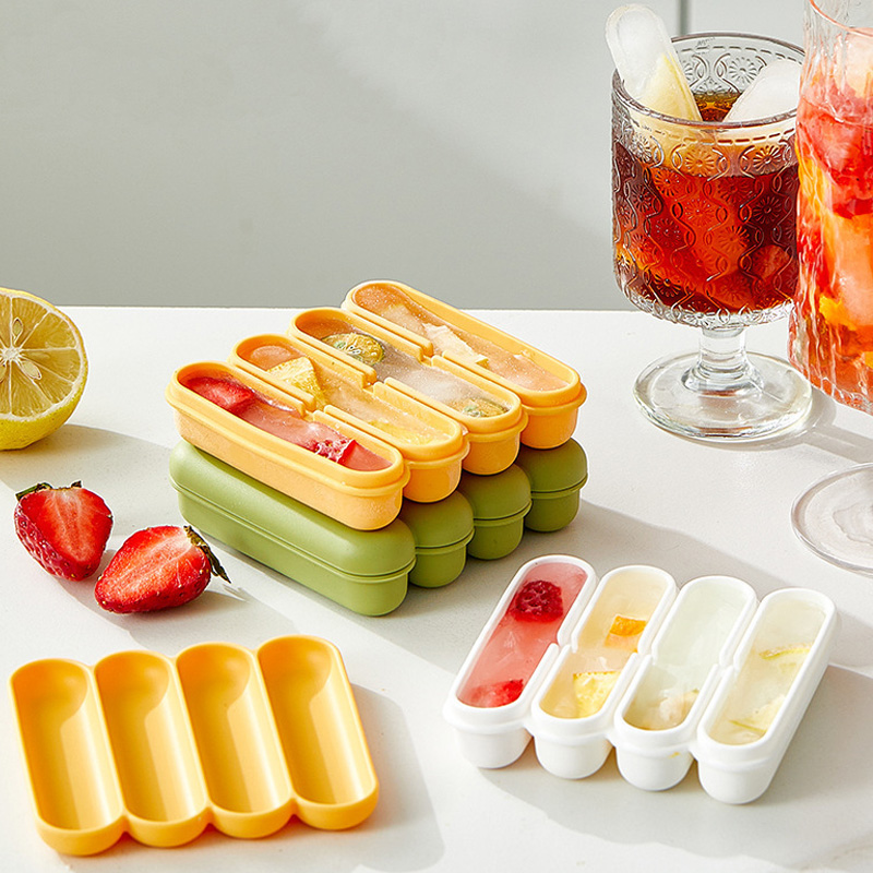 Reusable Silicone Ice Cube Stick maker for Whiskey Easy Release Ice Stick Freezer makers with Lid 4 Cavity Ice Cream Freezer Cube Tray