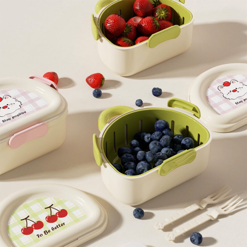 Portable breakfast storage Bento Box Food grade Double Layer fruit Draining Organizer Outdoor  fruit storage container