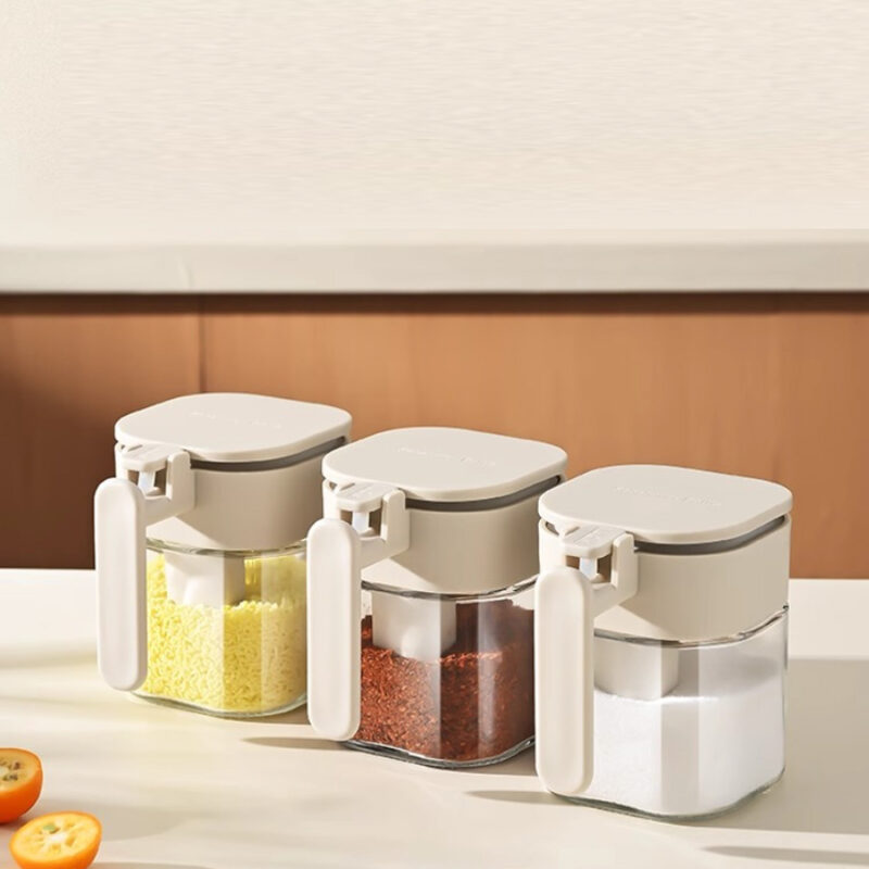 Kitchen Flavoring Jar with Spoon Moisture-proof sealing jar for Kitchen Food Storage  400ml Square Seasoning Jar Bottle Set