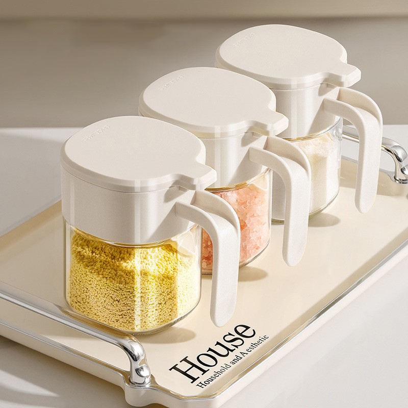 Kitchen Sealing Storage Box for Dry Spices & Salt Food Container Glass Seasoning Bottles with spoon Food Grade sealed Salt Jar